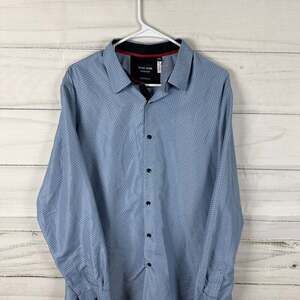 Silver Stone Collection Modern Fit Blue Geometric Pattern Long Sleeve Button